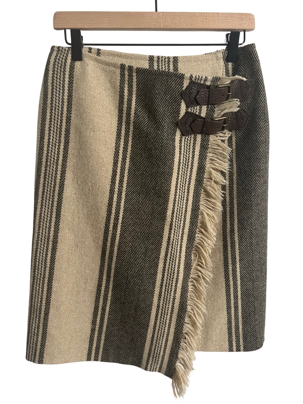 Weekend Max Mara Virgin Wool Wrap Skirt Fringe Leather Buckle Beige Brown Size 6